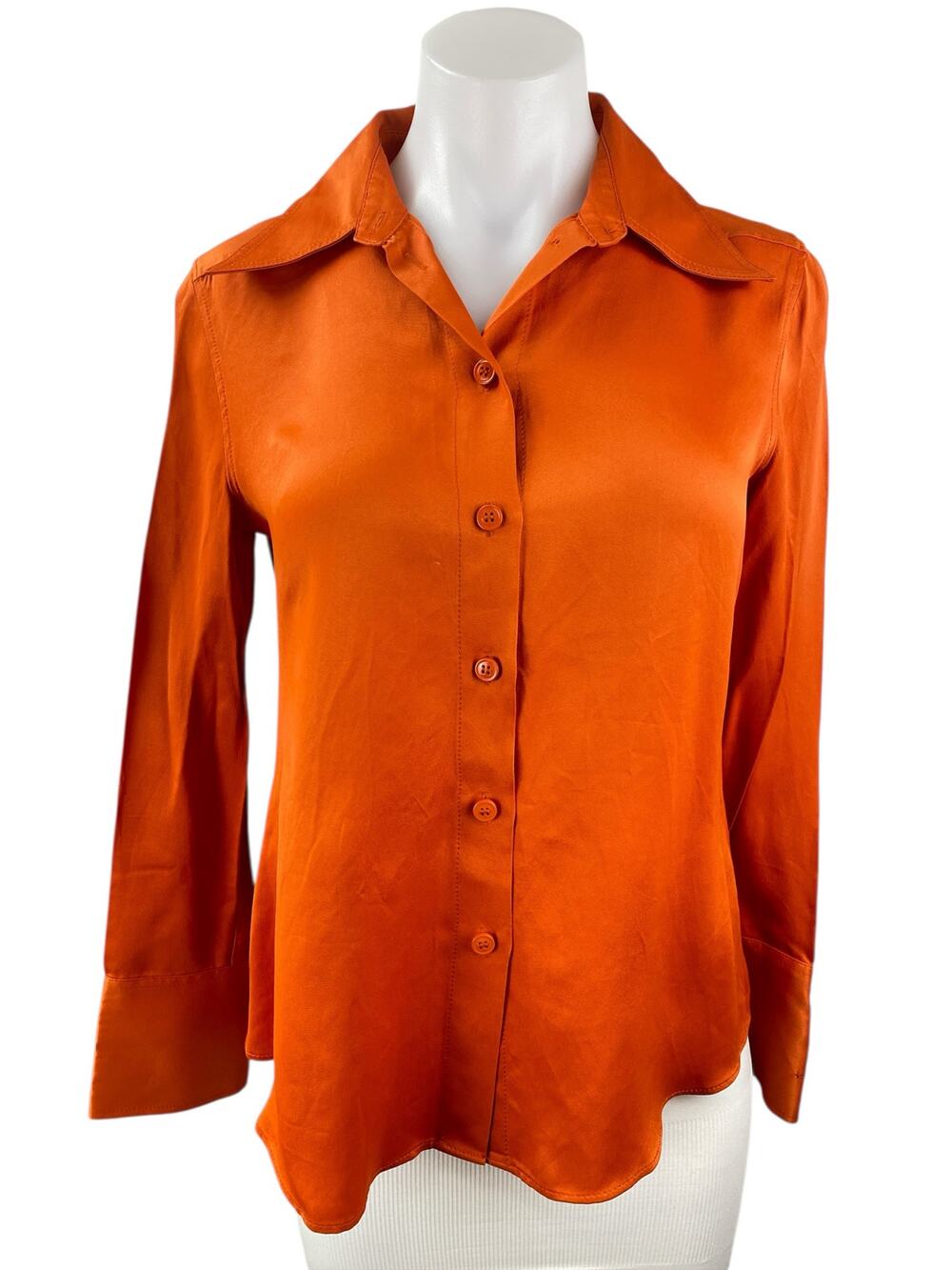 ZARA Women's Orange Satin Collared Long Sleeve Button Down Shirt Blouse Top Sz S